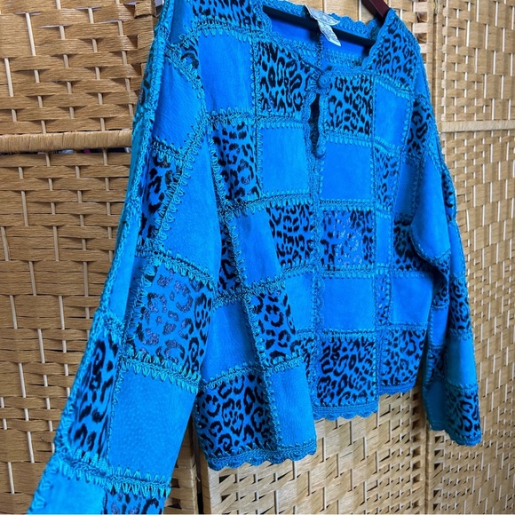 Vintage suede patchwork brocket jacket in blue 1X animal print size 1X - Picture 3 of 5